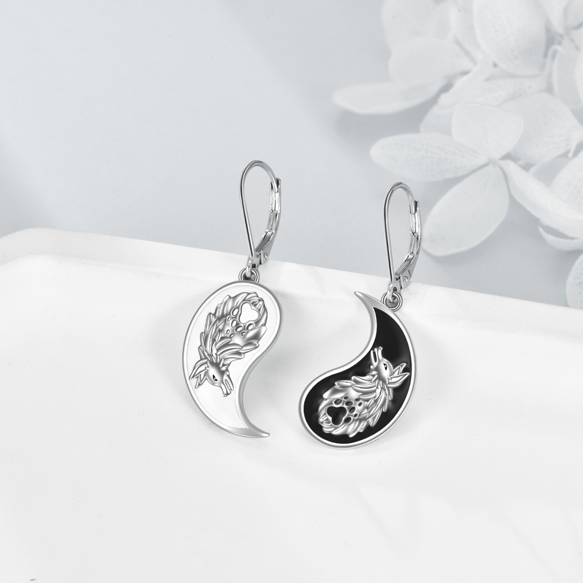 Sterling Silver Two-tone Wolf & Yin Yang Drop Earrings-3