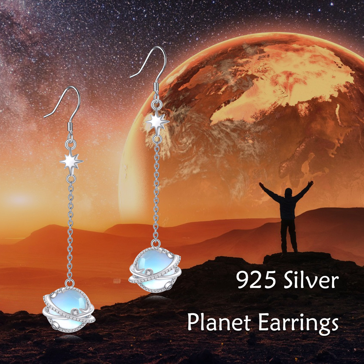 Sterling Silver Circular Shaped Moonstone Planet Drop Earrings-6