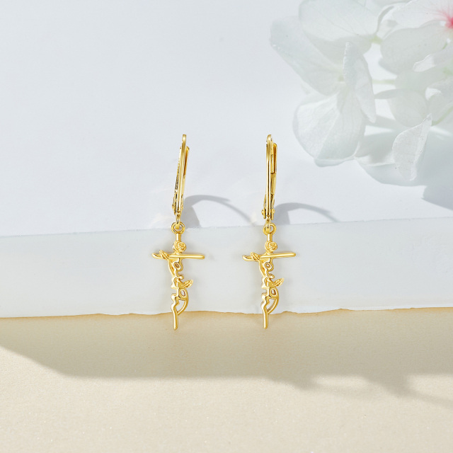 14K Gold Rose & Cross Lever-back Earrings-3