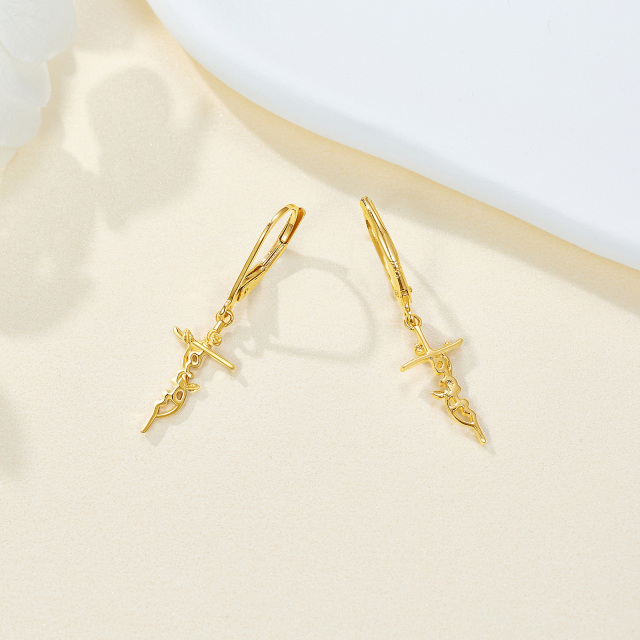 14K Gold Rose & Cross Lever-back Earrings-2