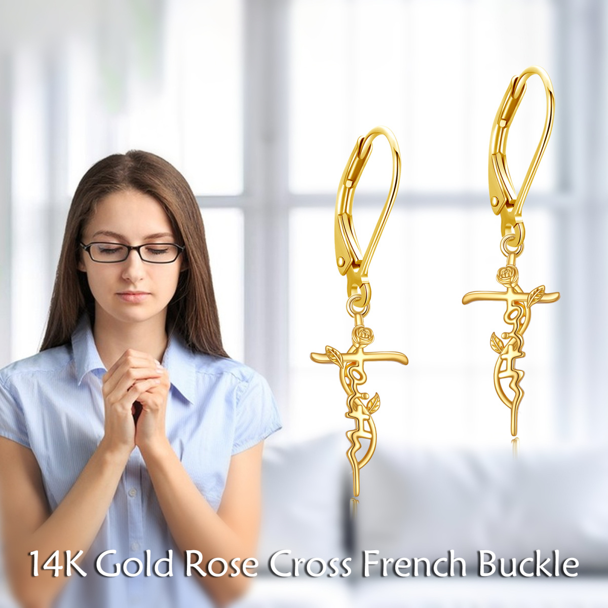 14K Gold Rose & Cross Lever-back Earrings-6