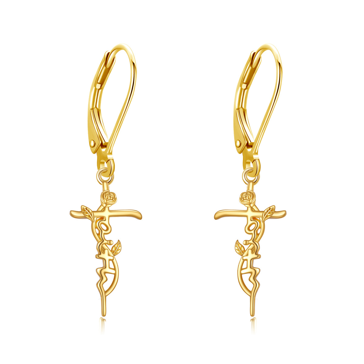 14K Gold Rose & Cross Lever-back Earrings-1