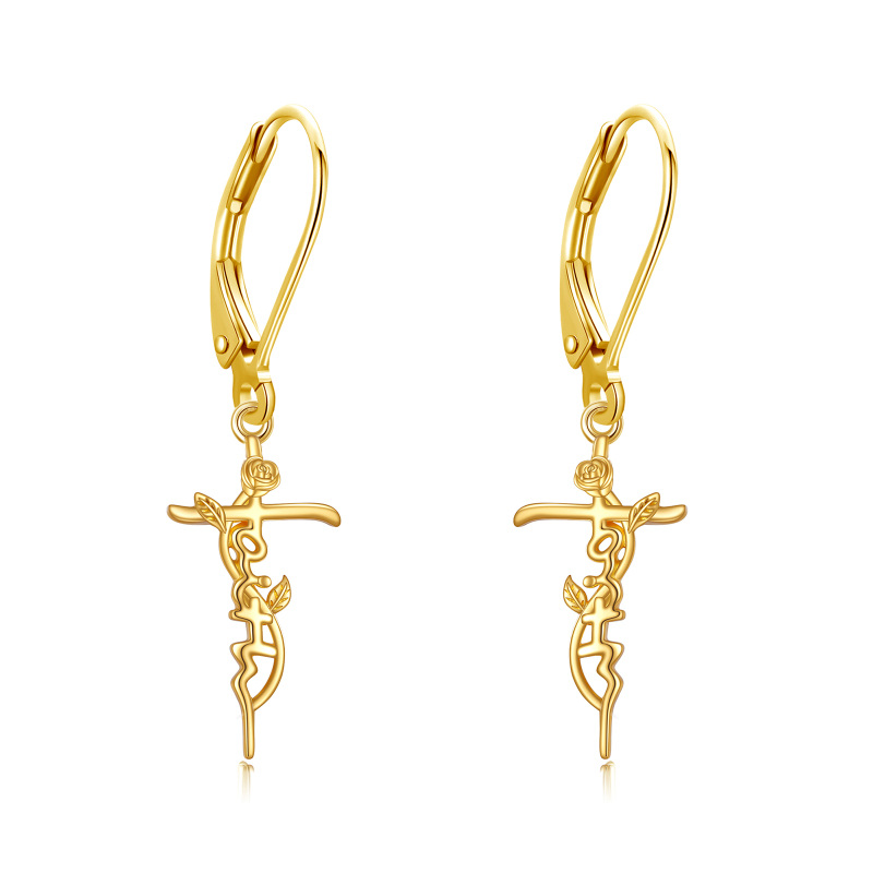 14K Gold Rose & Cross Lever-back Earrings