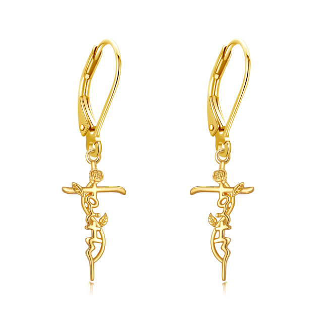 14K Gold Rose & Cross Lever-back Earrings-0