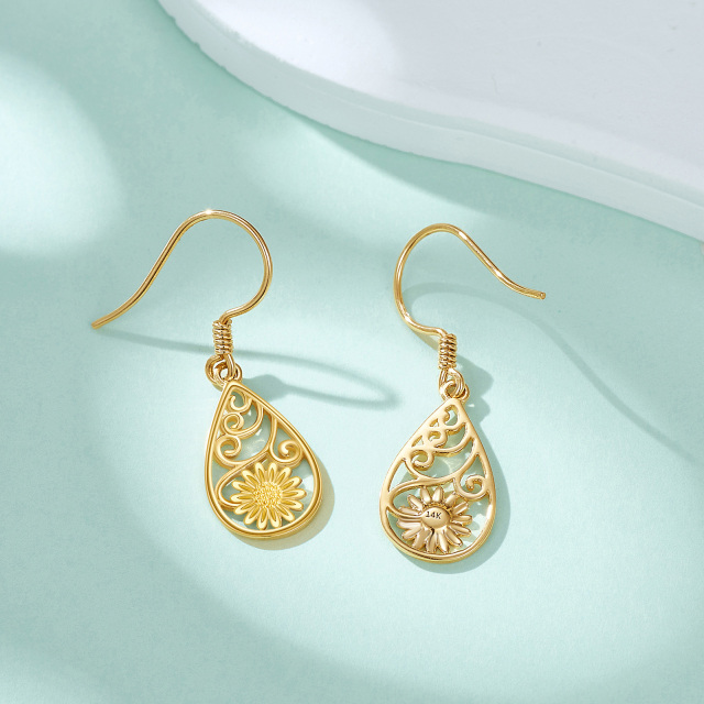 14K Gold Sunflower Filigree Drop Earrings-2