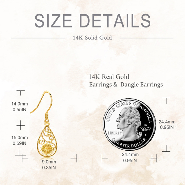 Boucles d'oreilles pendantes en filigrane de tournesol en or 14 carats-4