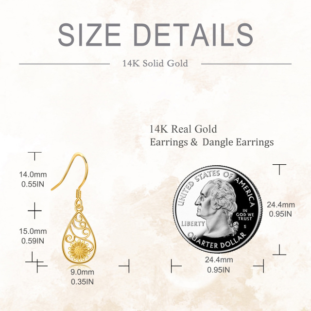 14K Gold Sunflower Filigree Drop Earrings-4