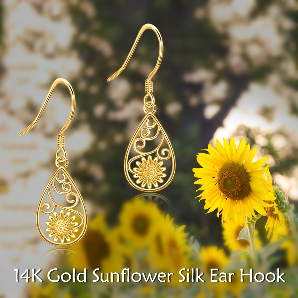 14K Gold Sunflower Filigree Drop Earrings-6