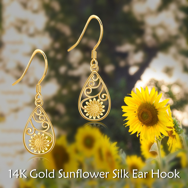 14K Gold Sunflower Filigree Drop Earrings-5