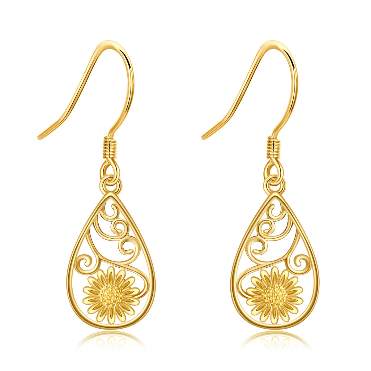 14K Gold Sunflower Filigree Drop Earrings-1