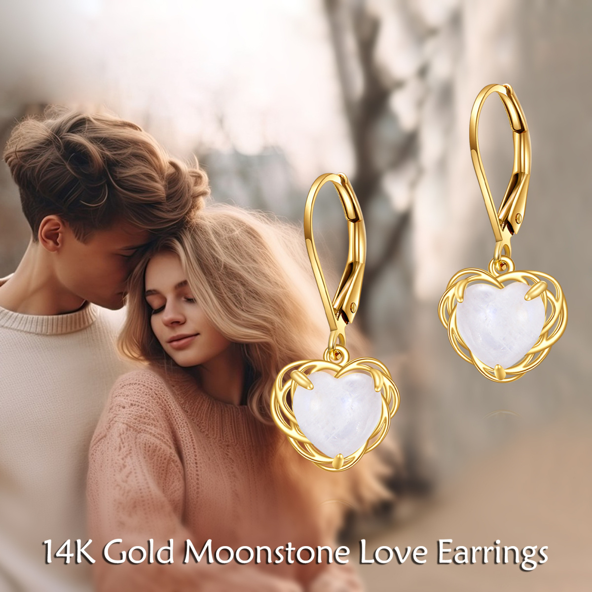 14K Gold Moonstone Heart Drop Earrings-6