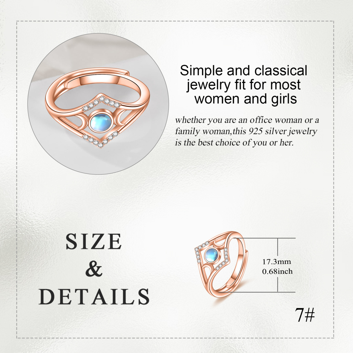 Sterling Silver with Rose Gold Plated Circular Shaped Cubic Zirconia & Moonstone Moon Ring-5