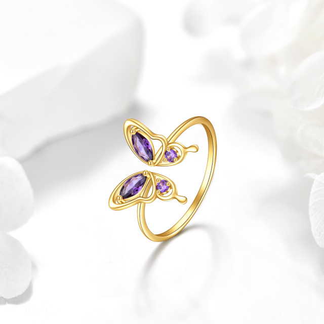 Bague ouverte en or 14 carats avec cristal violet papillon comme cadeau pour femmes et filles-3