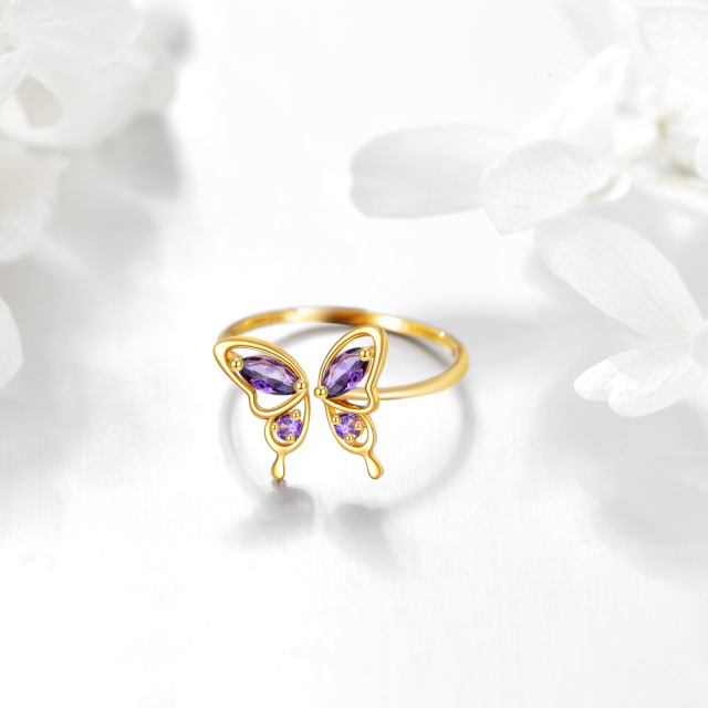 Bague ouverte en or 14 carats avec cristal violet papillon comme cadeau pour femmes et filles-2