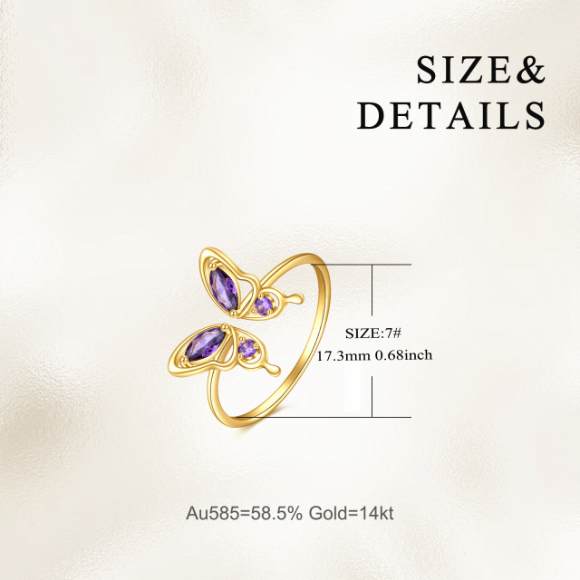 Anillo abierto de oro de 14 quilates con mariposa y cristal morado como regalo para mujeres y niñas-4