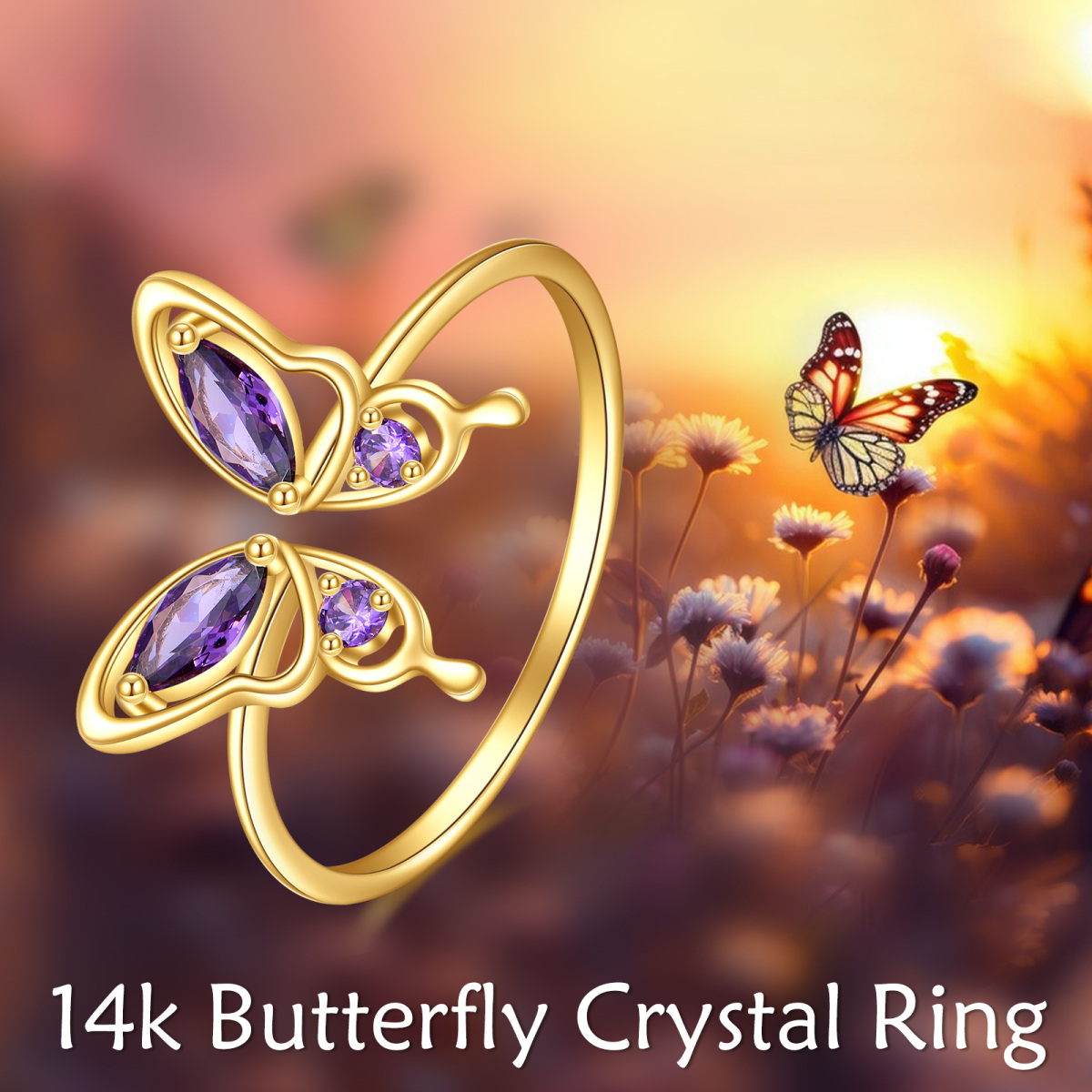 Anillo abierto de mariposa de cristal en forma de marquesa de oro de 14 quilates-6