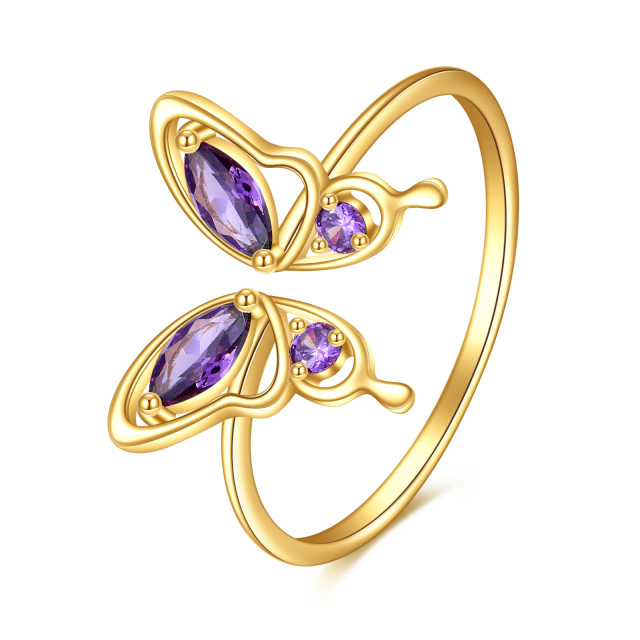 Offener Ring aus 14 Karat Gold mit Schmetterling und violettem Kristall als Geschenk für Frauen und Mädchen-0