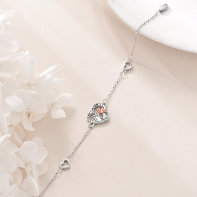 Sterling Silver Two-tone Heart Shaped Cubic Zirconia Couple & Heart & Pinky Promise Pendant Bracelet with Engraved Word-3