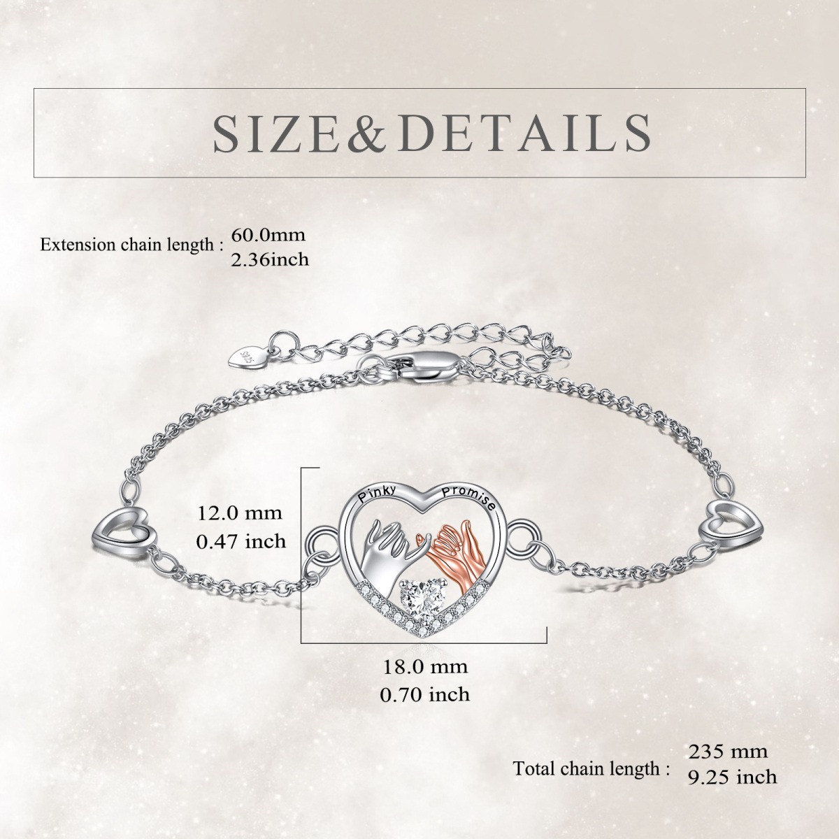 Sterling Silver Two-tone Heart Shaped Cubic Zirconia Couple & Heart & Pinky Promise Pendant Bracelet with Engraved Word-5