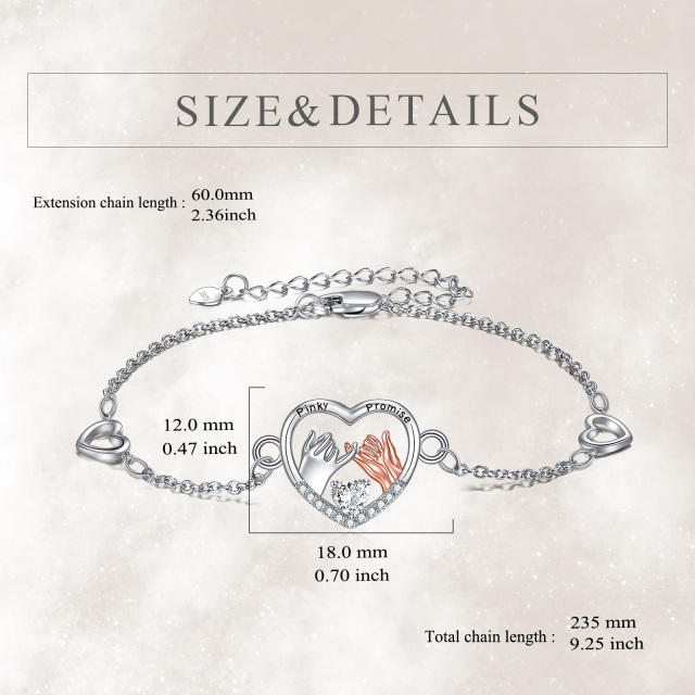 Sterling Silver Two-tone Heart Shaped Cubic Zirconia Couple & Heart & Pinky Promise Pendant Bracelet with Engraved Word-4