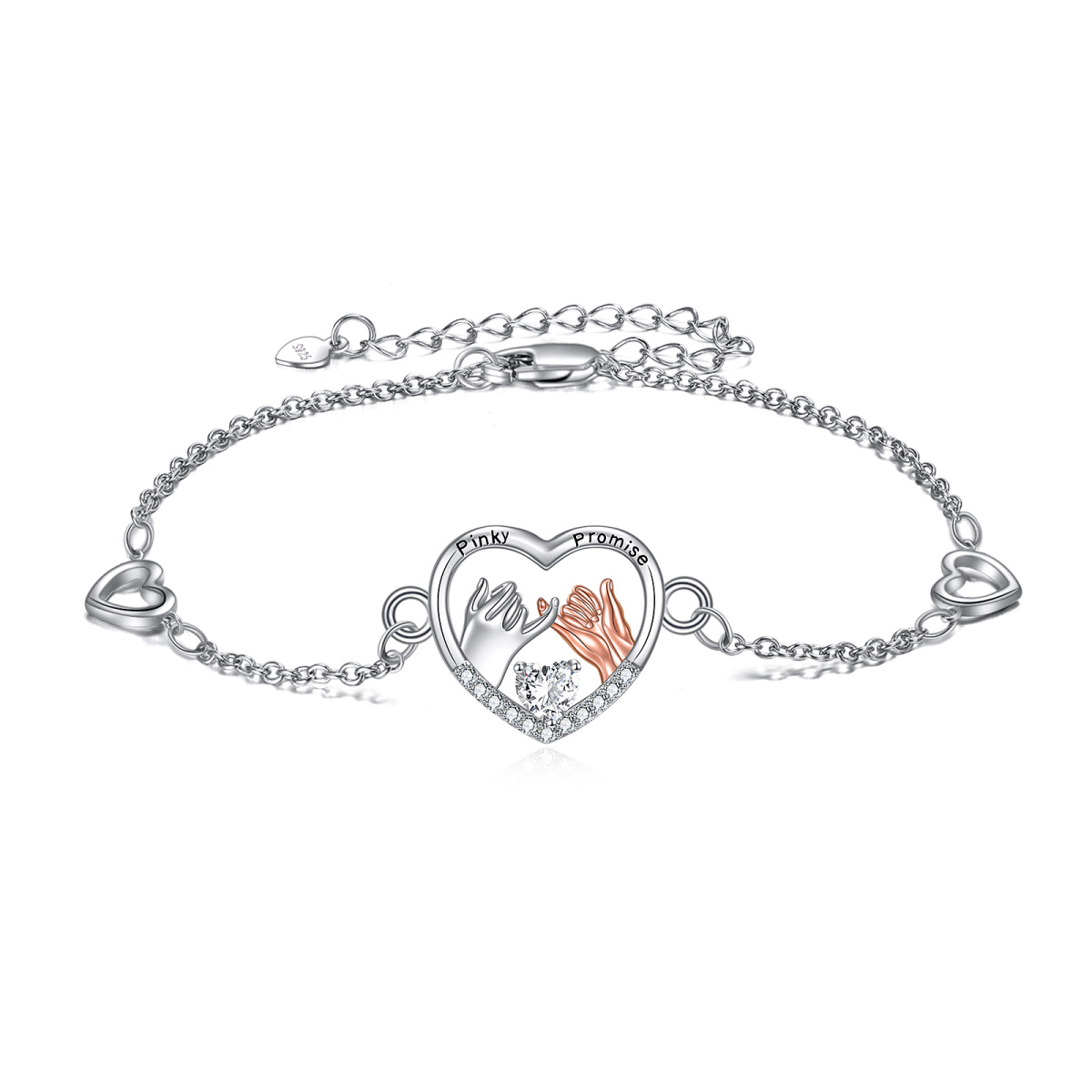Sterling Silver Two-tone Heart Shaped Cubic Zirconia Couple & Heart & Pinky Promise Pendant Bracelet with Engraved Word-1