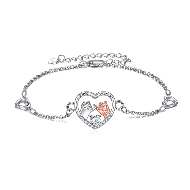 Sterling Silver Two-tone Heart Shaped Cubic Zirconia Couple & Heart & Pinky Promise Pendant Bracelet with Engraved Word-0