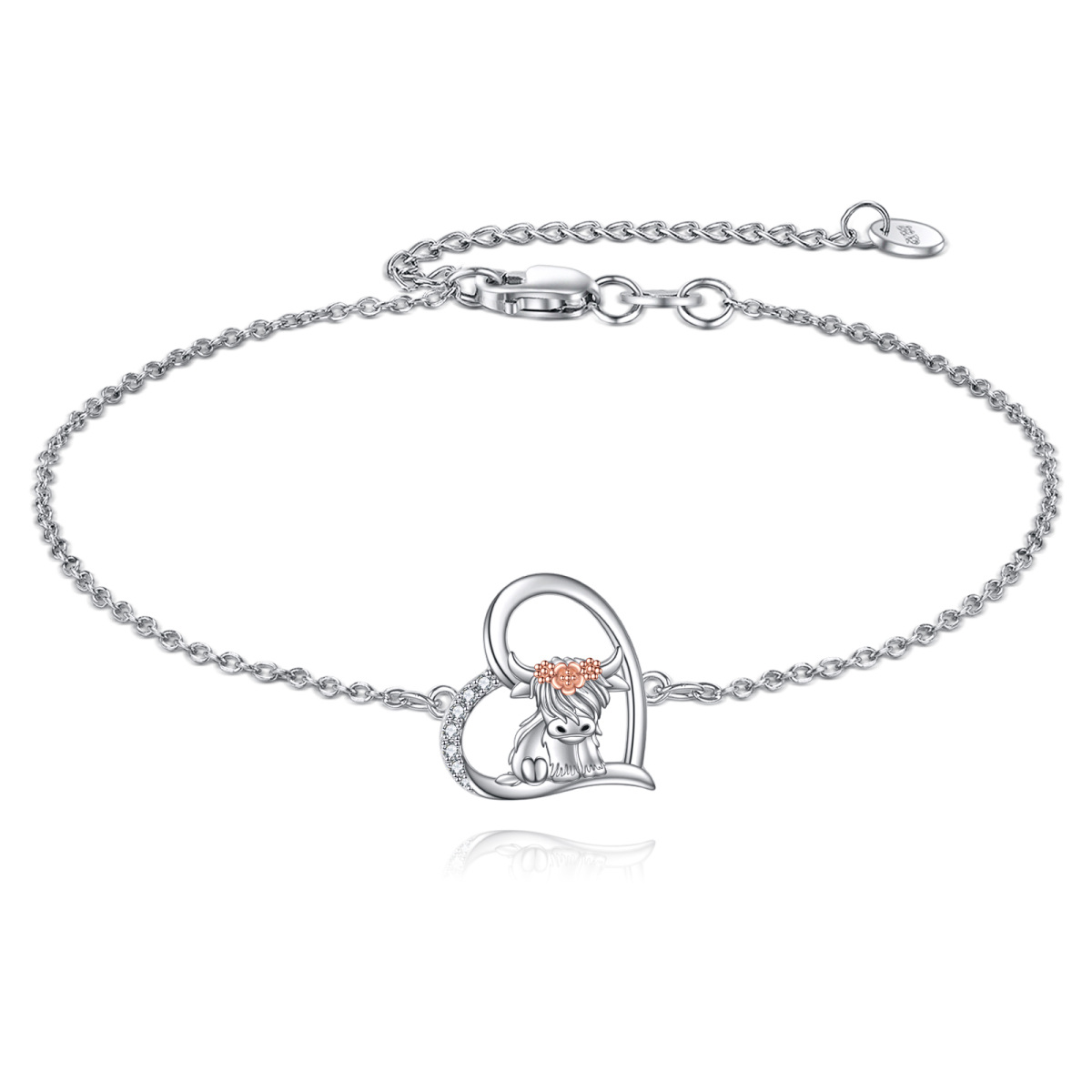 Pulsera de plata de ley con colgante de corazón y vaca Highland de circonitas en dos tonos-1