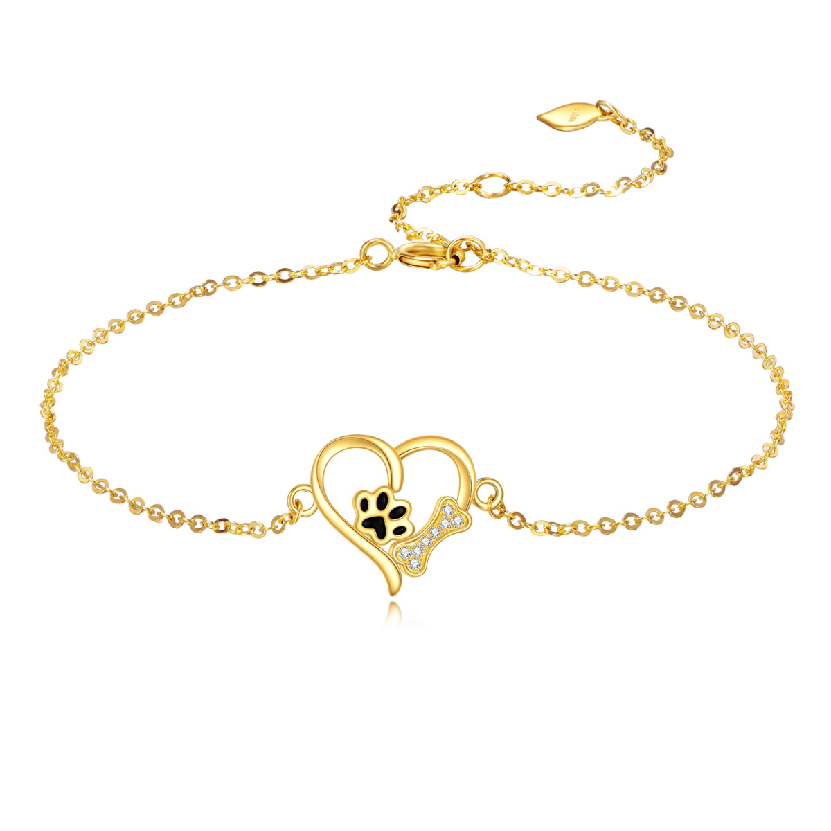 Pulsera Colgante Pata y Corazón Zirconia Cúbica Oro 14K-1