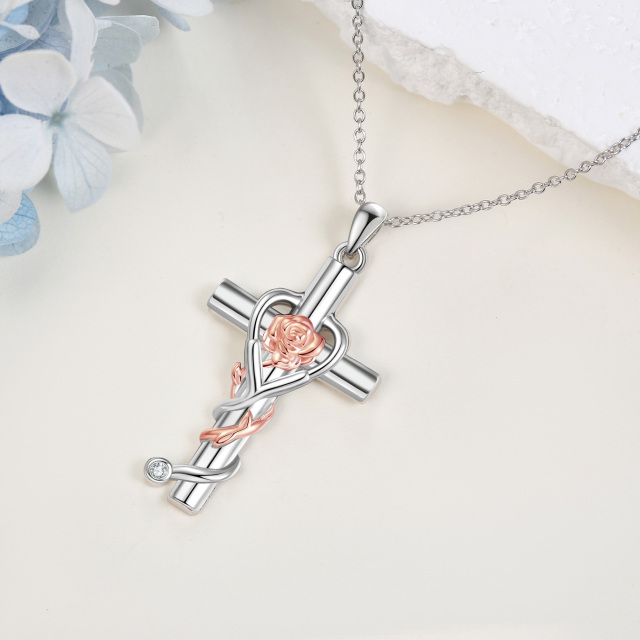 Sterling Silber zweifarbige Rose & Kreuz & Stethoskop Anhänger Halskette-2