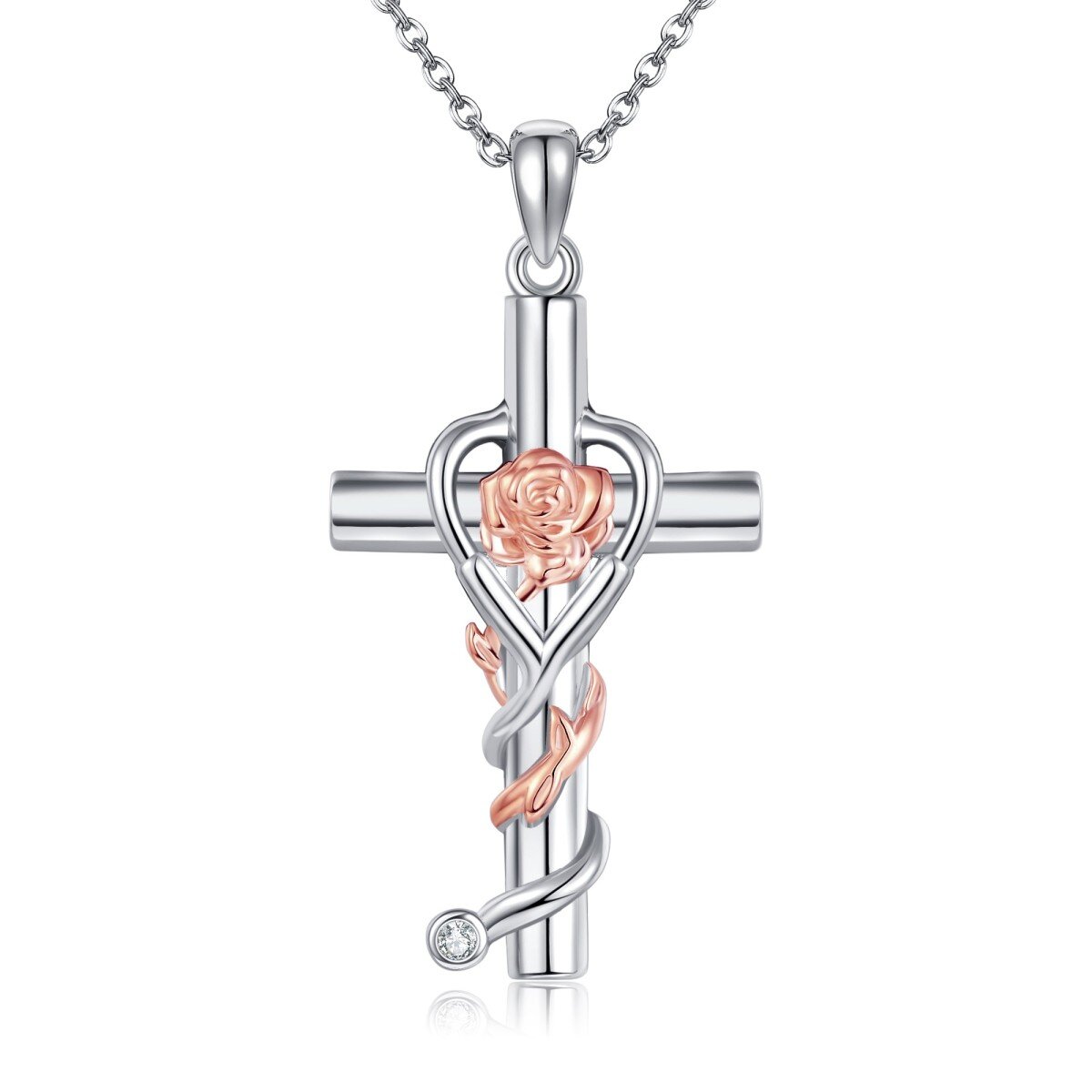 Collier en argent sterling avec pendentif rose, croix et stéthoscope bicolores-1