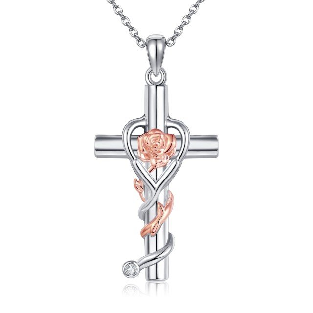 Collier en argent sterling avec pendentif rose, croix et stéthoscope bicolores-0