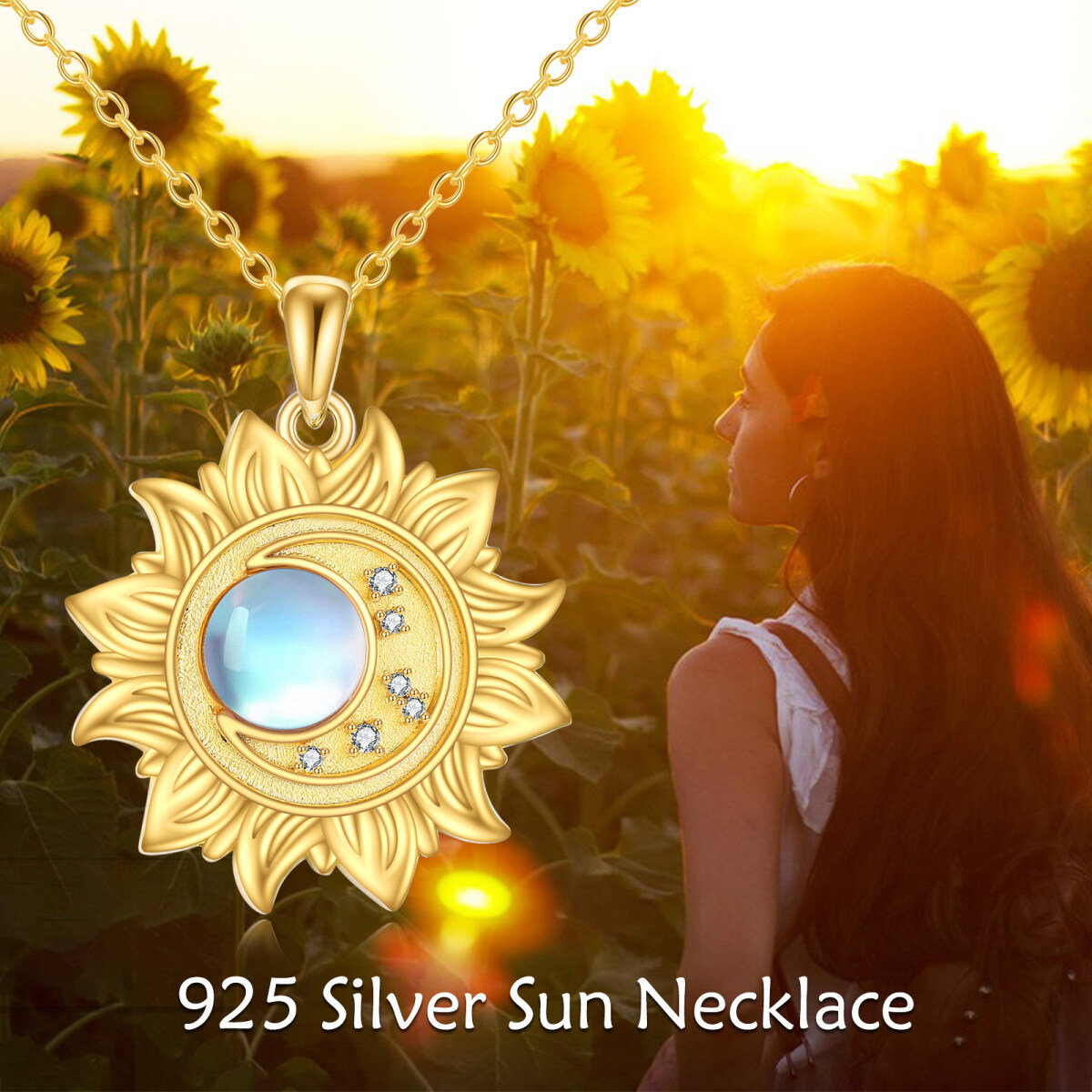 Sterling Silver with Yellow Gold Plated Circular Shaped Moonstone Sun Pendant Necklace-6