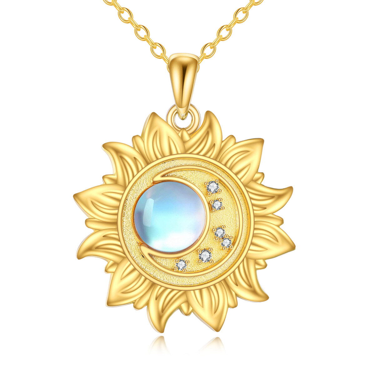 Sterling Silver with Yellow Gold Plated Circular Shaped Moonstone Sun Pendant Necklace-1