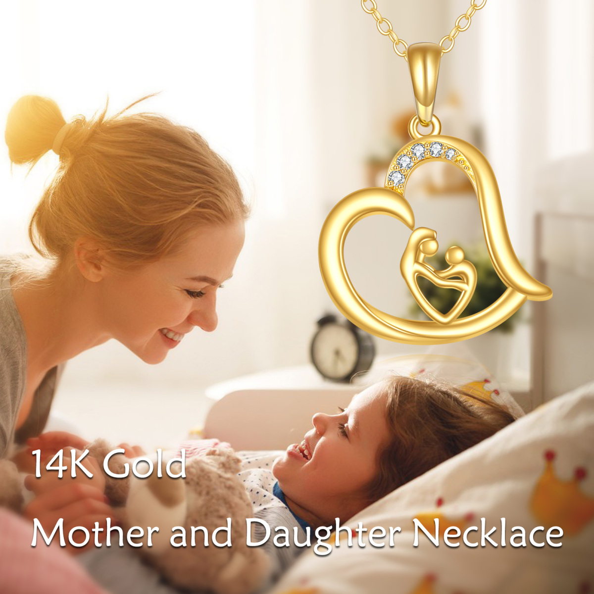 14K Gold Circular Shaped Cubic Zirconia Mother & Daughter & Heart Pendant Necklace-6