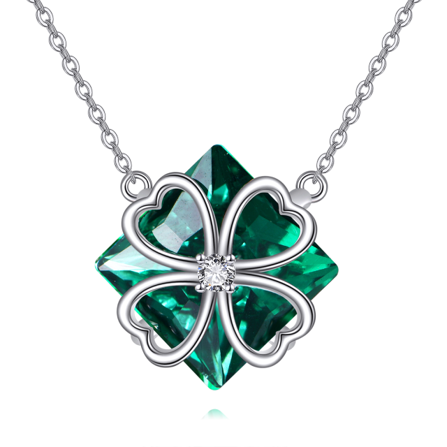 Sterling Silver Princess-square Shaped Crystal & Cubic Zirconia Four Leaf Clover & Heart Pendant Necklace-4