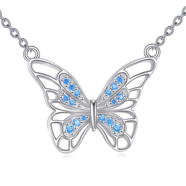 Sterling Silver Circular Shaped Zircon Butterfly Pendant Necklace-0