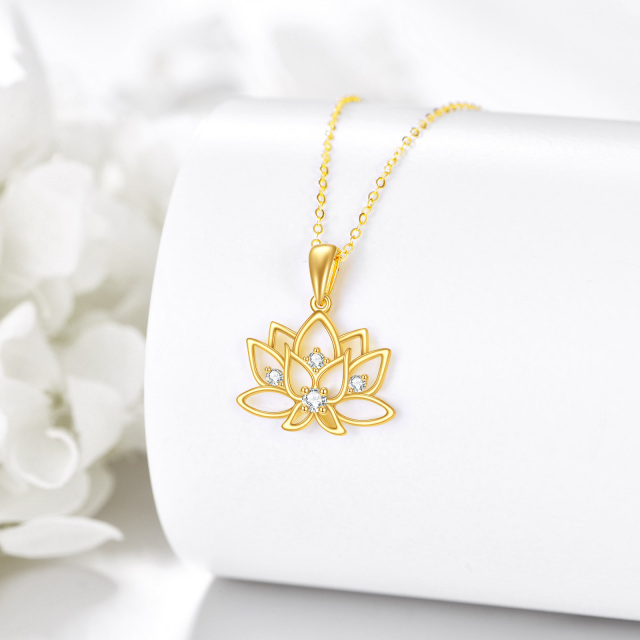 14K Gold Circular Shaped Cubic Zirconia Lotus Pendant Necklace-4