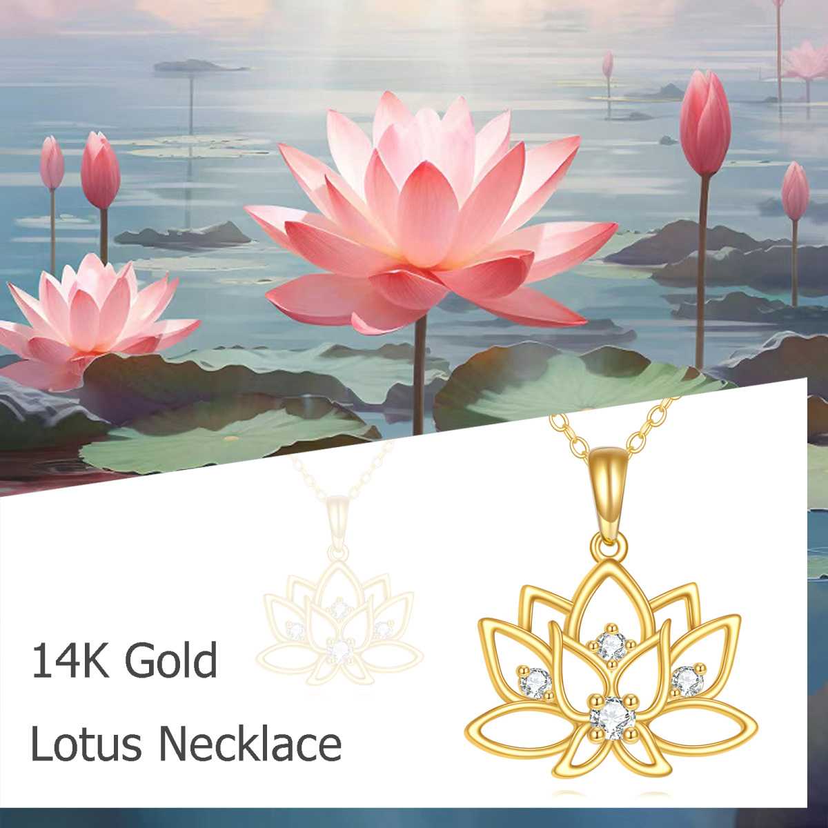 14K Gold Circular Shaped Cubic Zirconia Lotus Pendant Necklace-6