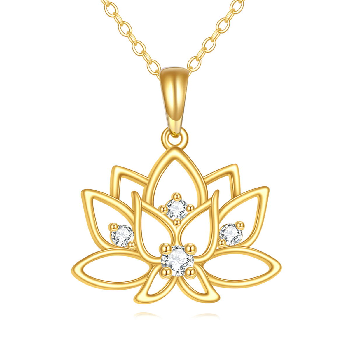 14K Gold Circular Shaped Cubic Zirconia Lotus Pendant Necklace-1