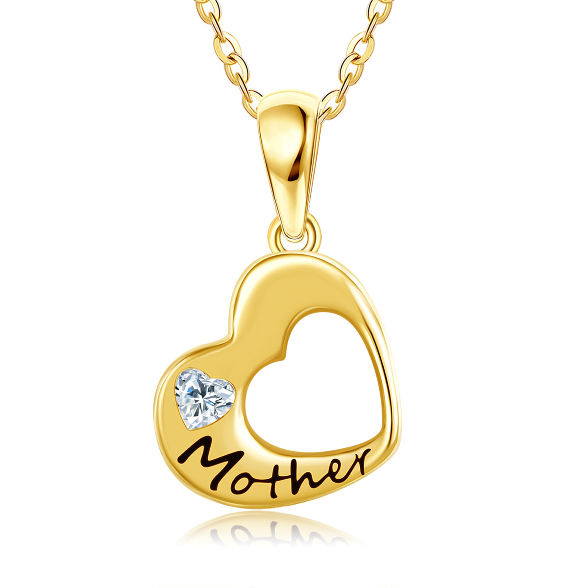 14K Gold Heart Shaped Cubic Zirconia Heart Pendant Necklace with Engraved Word-1
