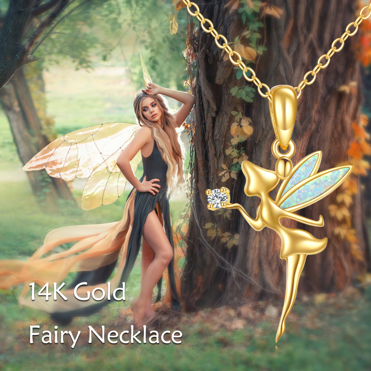 14K Gold Moissanite & Opal Fairy Pendant Necklace-6