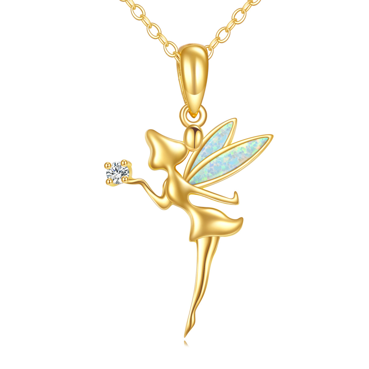14K Gold Moissanite & Opal Fairy Pendant Necklace-1