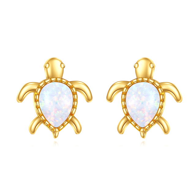 14K Gold Pear Shaped Opal Sea Turtle Stud Earrings-2