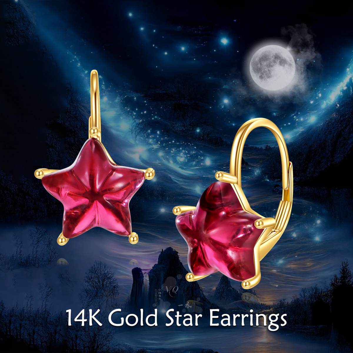14K Gold Five-Pointed Star Shaped Garnet Star Lever-back Earrings-6
