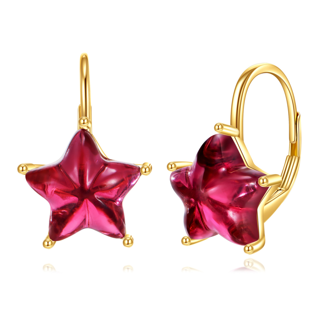 14K Gold Five-Pointed Star Shaped Garnet Star Lever-back Earrings-1