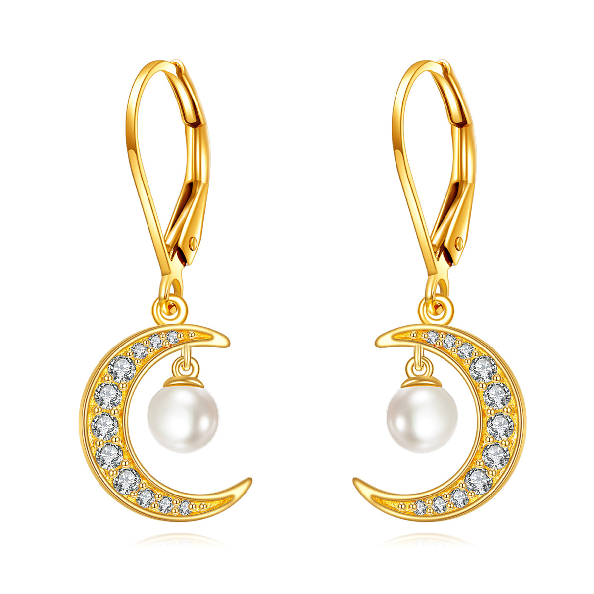 Boucles d'oreilles dormeuses en forme de lune en or 14 carats avec zircons cubiques de forme circulaire-1