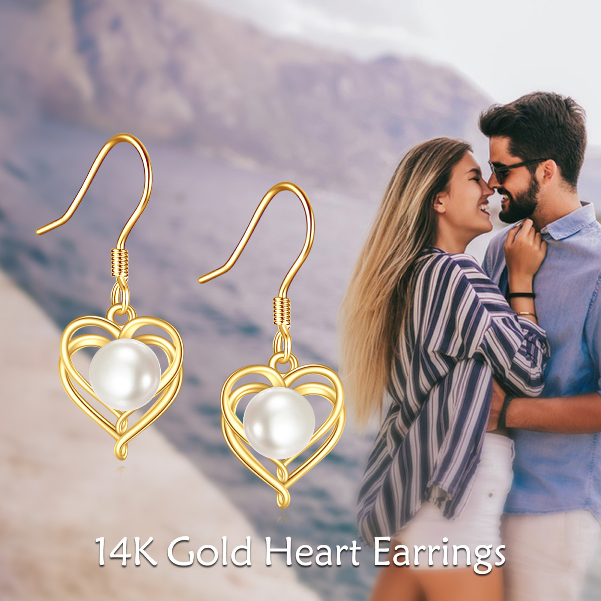 14K Gold Circular Shaped Pearl Heart Drop Earrings-6