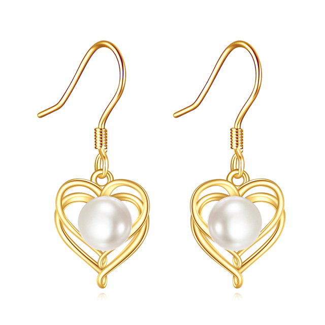 Aretes colgantes con forma de corazón y perlas circulares de oro de 14 quilates-0