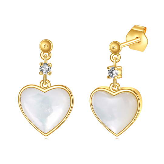 Boucles d'oreilles pendantes en forme de cœur en nacre et en or 14 carats