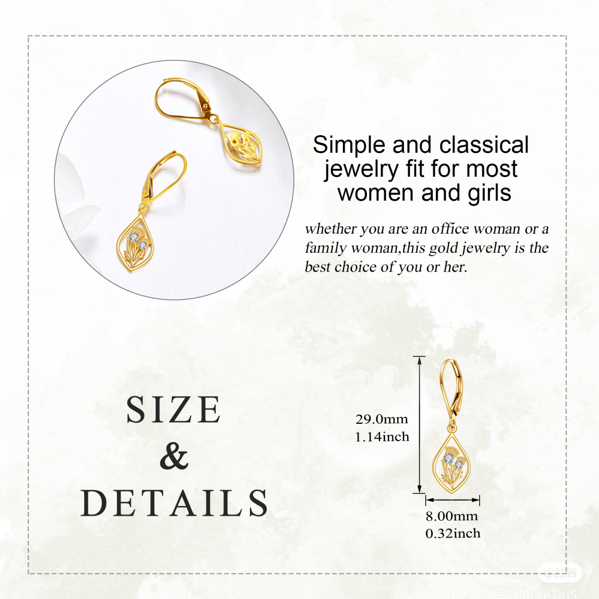 14K Gold Circular Shaped Cubic Zirconia Thistle Lever-back Earrings-5